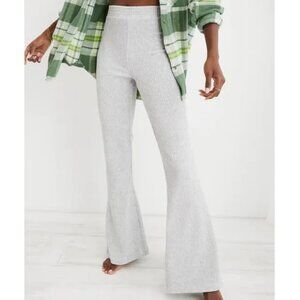 Aerie Groove On Rib Velour Flare Pant Women's Size Small Light Grey High Waist